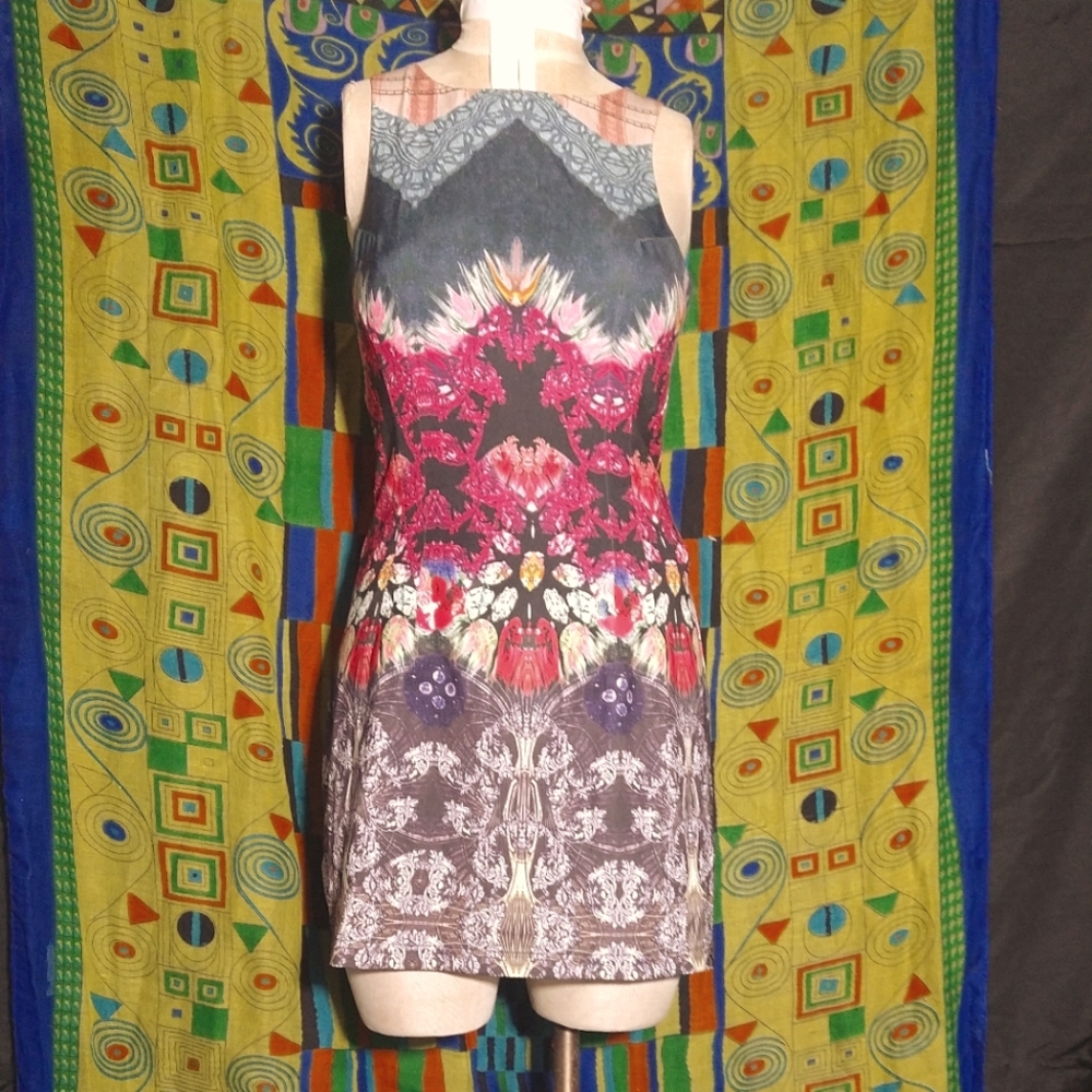 Lulu's Jewel Floral Abstract Geometric Symmetrical Print Sabrina Neck Mini Dress